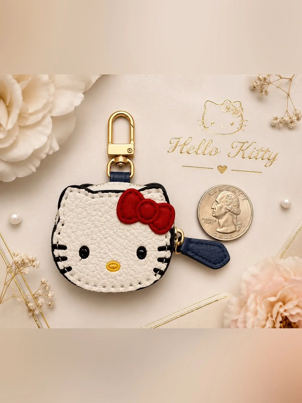 Sanrio Hello Kitty White & Red Leather Keychain Pouch with Navy Accent